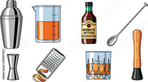 Professional Mixology and Barware Equipment Vector Set Featuring Stainless Steel Shaker Jigger Aromatic Bitters Bar Spoon Zester and Cocktail Muddler