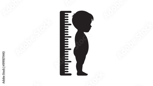 Toddler Child Silhouette Standing Next To Growth Measuring Ruler On White Background For Health And Development Concepts