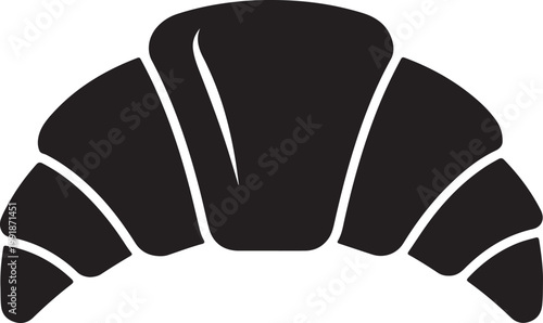A stylized black and white illustration of a crescent-shaped croissant with a flaky texture silhouette vector icon