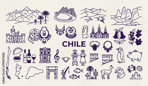 Chile travel landmarks and nature icons, Santiago cultural heritage vector illustrations, Chile traditional food and wine graphics, South America tourism vacation design elements, Chile mountain and d