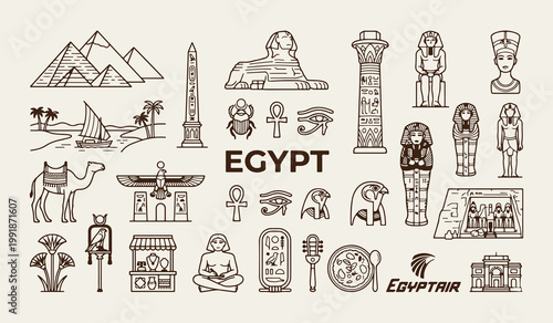 Egypt travel landmarks and ancient symbols, Egyptian pyramids and pharaoh vector icons, Cairo cultural heritage line art, Africa tourism vacation design elements, Sphinx and hieroglyphs minimalist gra
