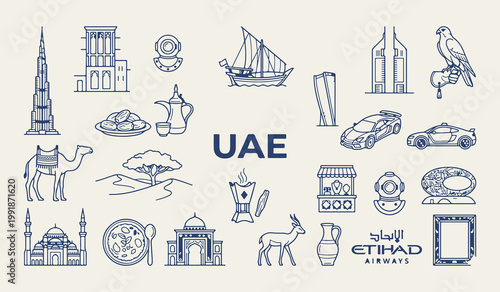 UAE travel landmarks and modern icons, Dubai and Abu Dhabi vector illustrations, United Arab Emirates cultural heritage graphics, Middle East tourism vacation design elements, UAE country line art sym