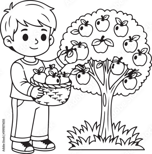 Cute Boy Harvesting Apples from Tree – Kids Farming Line Art Illustration
