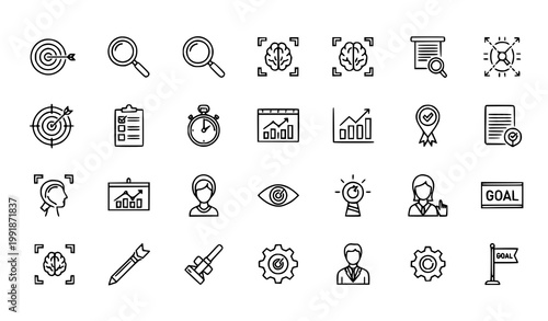 A set of business and goal-oriented vector icons in a minimal flat design style