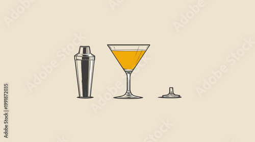 Illustration of cocktail making shaker, martini glass with liquid, and a strainer. Neutral background