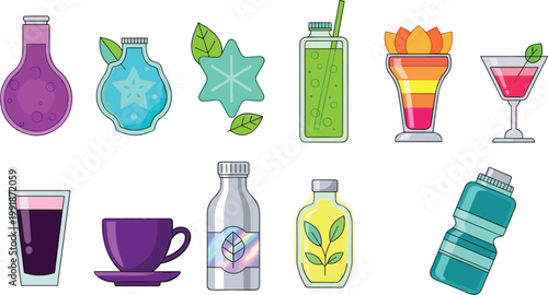 Superfood Wellness Beverage Icon Set Featuring Mushroom Coffee Matcha Latte Goji Berry Smoothie Activated Charcoal Detox and Ashwagandha Adaptogen Tea