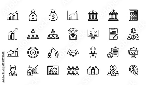 A collection of black and white line art icons representing business and finance concepts