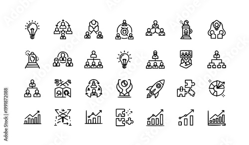 A set of line art business icons for marketing and finance concepts