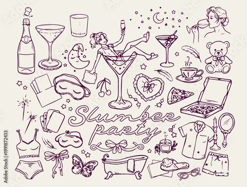 Slumber party and sleepover icons, pajama party vector illustrations, night rest and relaxation graphics, girl birthday party design elements, sleeping mask and pillow line art, minimalist spa and coz