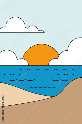 Logo agencia de viajes. Vacaciones de verano. Dibujo minimalista con líneas y relleno de colores, de un paisaje con una playa con mar, sol y nubes en el cielo