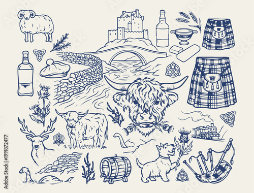 Scotland travel landmarks and culture, scottish highland cow vector illustrations, traditional kilt and bagpipe line art, UK tourism vacation design elements, Edinburgh castle and nature graphics, sco