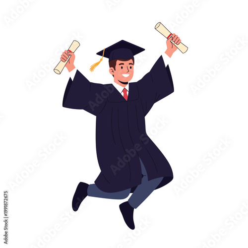 Joyful graduate in cap and gown jumping in the air with diplomas, celebrating academic achievement and success
