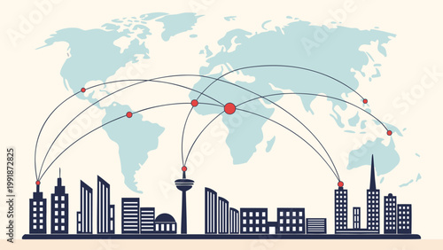 Vector illustration of world map with connection lines above city skyline. Global communication, international trade routes, logistics network, digital connectivity, and worldwide business concept.