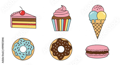 Collection of delicious sweet desserts and treats illustration.