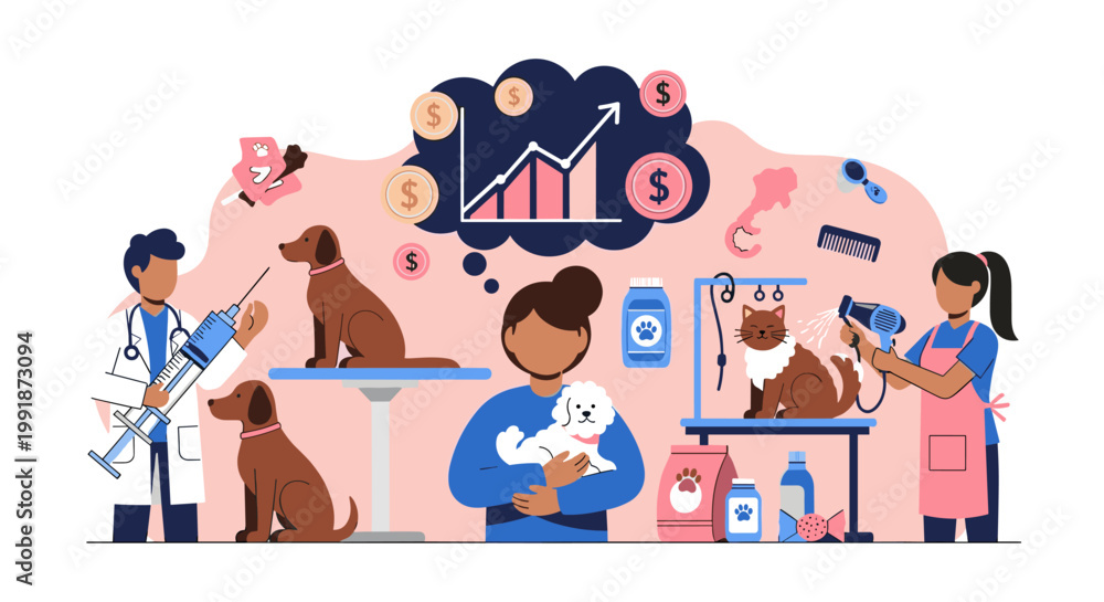 Fototapeta premium A vibrant vector illustration showcasing the booming pet care industry, featuring vet visits, grooming services, and financial growth, all rendered in a clean, scalable, and