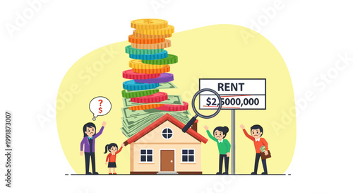 A colorful vector illustration depicts a family and potential buyers looking at a house for rent with a high price tag, a large stack of money, and coins, symbolizing the cost of