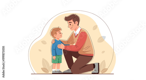 A tender moment captured in a vibrant vector illustration. a father kneels, embracing his son with a warm, comforting touch. the scene is set against a soft, organic shape,