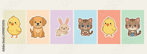 Cute bunny and kitten cartoon characters, sweet pet vector illustrations, domestic animal mascot design elements, baby rabbit and cat stickers, minimalist pet line art symbols, nursery pet decor graph