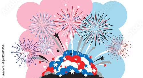 Festive explosion of colorful fireworks erupts against a backdrop of pink and blue shapes, creating a celebratory and dynamic display, perfect for patriotic events and joyous