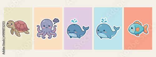 Cute whale cartoon character stickers, ocean animal vector illustrations, marine life mascot design elements, underwater creature stickers for kids, minimalist whale line art symbols, nautical nursery