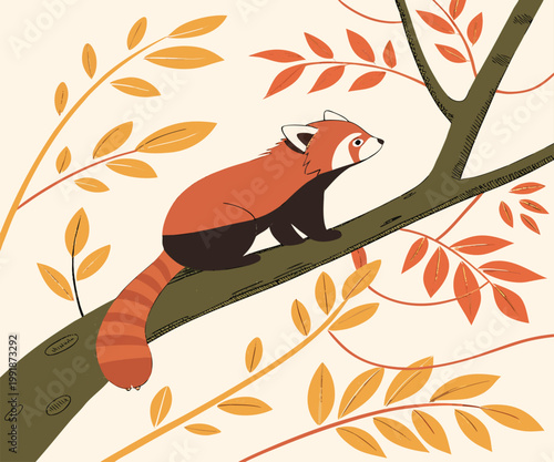 A cute red panda in a natural forest setting, designed in a modern geometric flat art style.