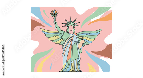Stylized lady liberty vector illustration, a vibrant depiction of the iconic statue with a colorful, flowing composition, featuring clean lines and scalable design elements,