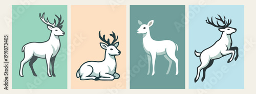 Cute deer and fawn cartoon stickers, forest animal mascot vector illustrations, woodland creature stickers for kids nursery, minimalist deer and nature line art, adorable wildlife and forest graphics,