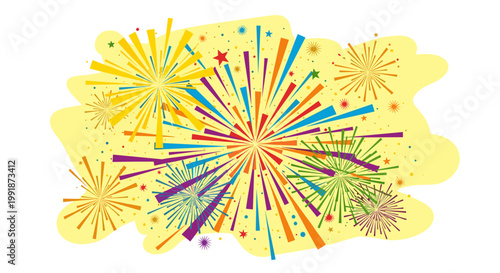 Vibrant celebration of fireworks erupting with radiant colors, featuring bursts of yellow, orange, blue, and purple, creating a festive atmosphere, perfect for event announcements