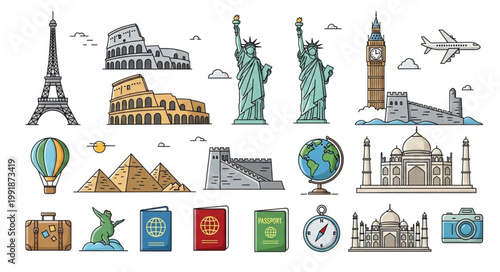 Famous World Landmarks and Travel Icons Collection.