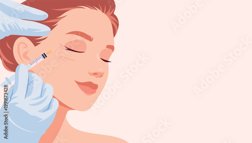Vector illustration woman receiving a cosmetic injection to her face. Gloved hand administers an anti-wrinkle injection. Design for advertising dermatological, cosmetic, anti-aging, salon services