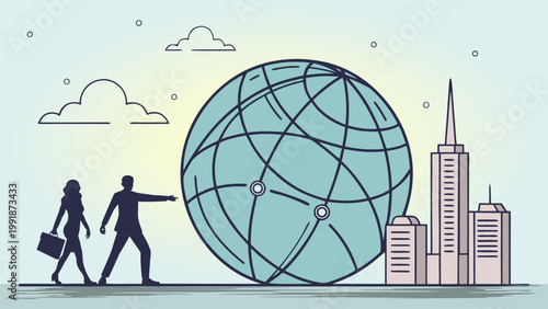 Vector illustration of people walking near globe network and skyscrapers. International business communication, global partnership, corporate travel, and worldwide connectivity concept.