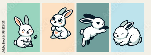 Cute bunny rabbit yoga character stickers, zen bunny meditation vector illustrations, wellness and relax mascot design elements, minimalist rabbit bear line art, adorable animal yoga and health graphi