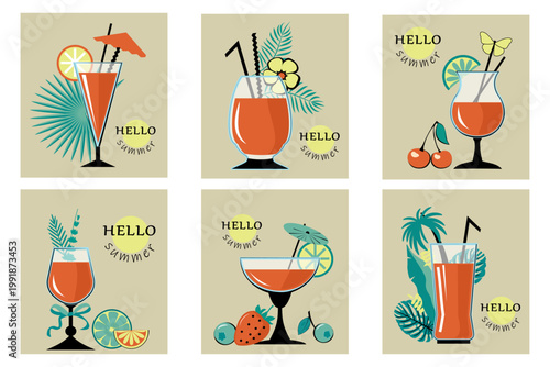 Hello summer. Сoctails with flowers, fruits and leaves. Vector illustration.	
