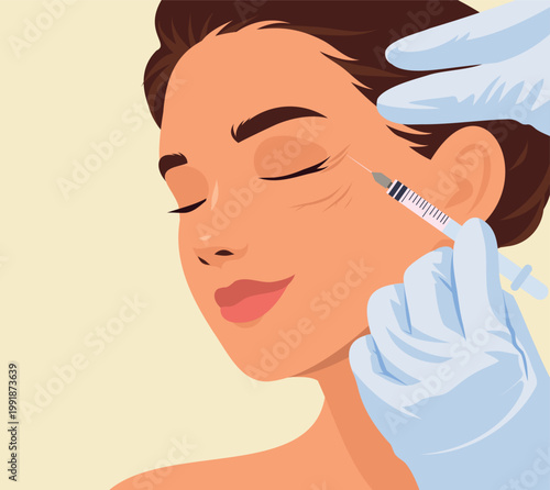 Vector illustration woman receiving a rejuvenating cosmetic injection to treat facial wrinkles, performed with a gloved hand. For advertising dermatological, cosmetic, rejuvenating, salon services.