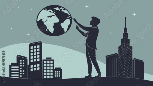 Vector illustration of businessman holding globe above city skyline. Global leadership, worldwide success, international strategy, business vision, corporate growth, and future planning concept.