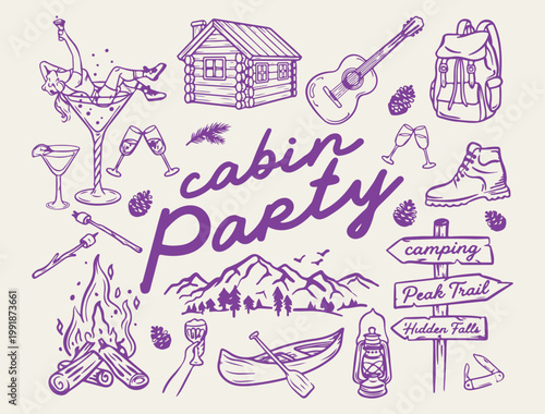 Fotografie Cabin party and camping adventure icons, mountain vacation trip vector illustrat