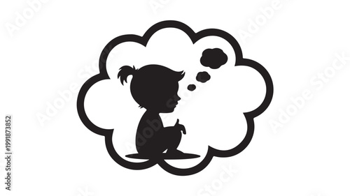 Little Girl Silhouette Thinking On Cloud For Creative Ideas Concepts