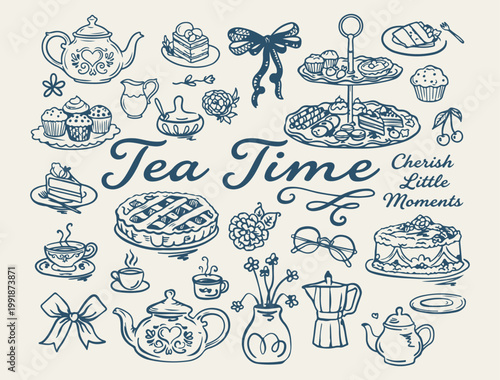 Tea time and cafe culture icons, traditional tea party vector illustrations, teapot and teacup kitchen design elements, afternoon tea and dessert line art, minimalist cafe and relaxation lifestyle gra
