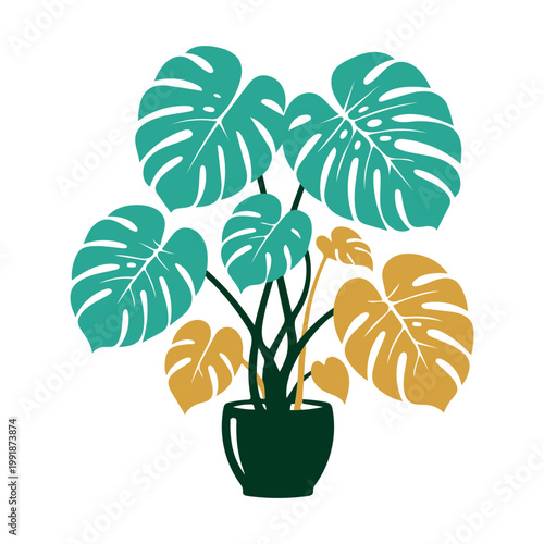 Minimalist Monstera Deliciosa Houseplant Illustration in Modern Teal and Gold
