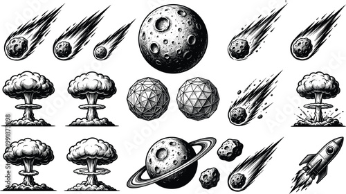 Space Objects and Explosion Vector Set with Asteroids Comets Planets Rockets and Nuclear Blast Clouds in Detailed Black Illustration Style