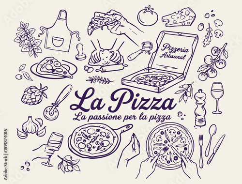 La Pizza Italian cuisine and restaurant icons, traditional pizza making vector illustrations, Italian food menu and kitchen design elements, pizza slice and ingredients line art, minimalist healthy co