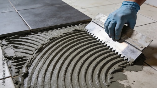 A person applies adhesive to a floor using a notched trowel. Gray cement is spread evenly in preparation for tile installation. The scene is focused on construction work.