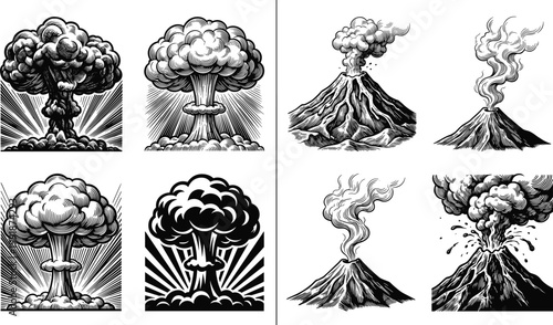 Explosion and Volcano Eruption Vector Set with Mushroom Clouds, Lava Mountains, and Smoke Plumes in Detailed Black Line Art Style