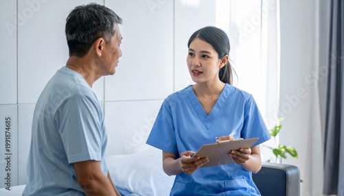 A healthcare worker in blue scrubs consults with an older man in a light room