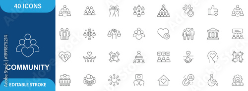 Community Icon Set. Containing People, Friendship, Social, Diversity, Village, Relationships, Support, Teamwork, Network, Group and More. Editable Stroke. Vector Illustration