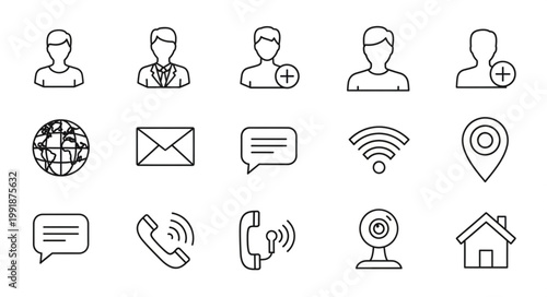 Collection of communication and social media icons in a simple line art style.