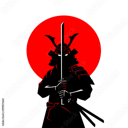 Samurai Warrior Silhouette with Katana and Red Sun – Japanese Style Vector Illustration