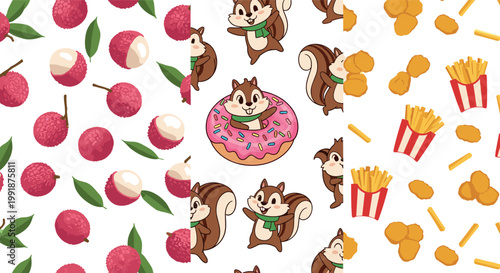 Cute Pattern Set Featuring Lychee Fruit, Squirrel with Donut, and Fast Food Items for Fun Illustration