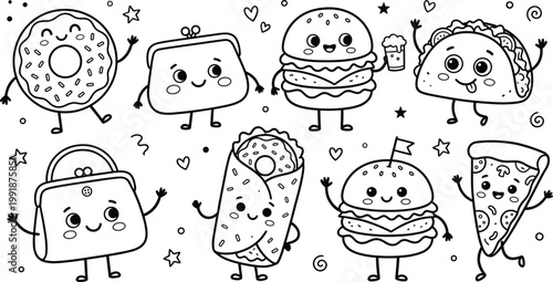Cute Kawaii Fast Food Characters Doodle Vector Set with Burger Taco Donut Pizza and Fries in Playful Outline Style