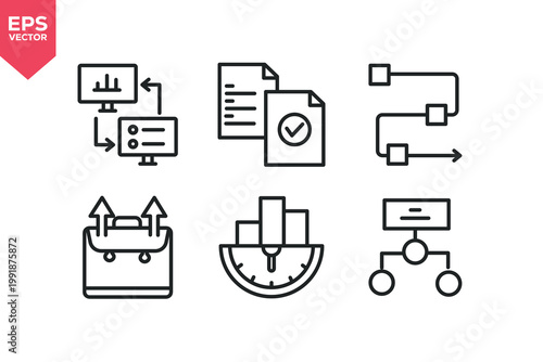 Set of line icons related to business, business process, management, road map, business model, report, shareholder. Editable stroke. Vector illustration